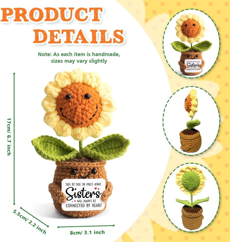 Veryhomy Valentines Sister Gifts from Sister - Positive Sunflower Crochet - Side by Side Or Miles Apart Sisters Emotional Support Crochet - Birthday, Graduation, Long Distance Gifts for Women, Soul Sisters - Image 2
